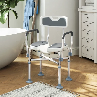 HOMCOM Silla de Ducha con Asiento Ranurado Altura Regulable Antideslizante Respaldo y Reposabrazos Carga 136 kg Gris