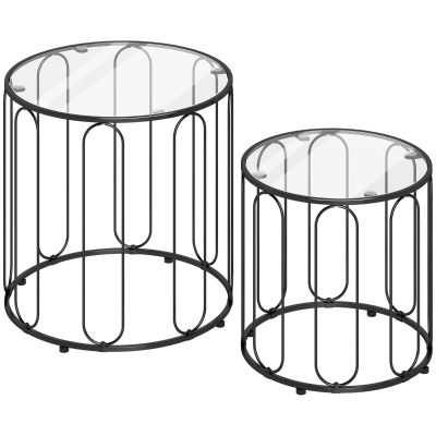 HOMCOM Conjunto de 2 Mesas Auxiliares Tipo Nido con Estructura de Metal y Encimera de Cristal Ø50x50 cm y Ø40x40 cm Negro