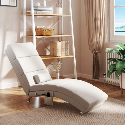 HOMCOM Elektrische Relaxfauteuil Massagestoel met Ligfunctie, Warmte, Vibratie en Lendenkussen, 56 x 168 x 84 cm Crèmewit