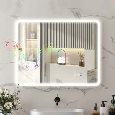 HOMCOM Espejo de Baño con Luz LED 90x70 cm con Bluetooth 3 Colores de Luz Función Antivaho Función de Memoria IP44