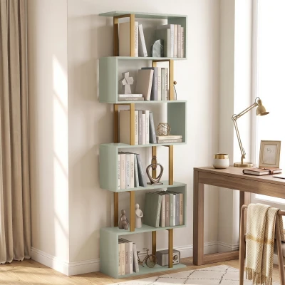 HOMCOM S-Shaped 5-Tier Bookcase Freestanding Storage Light Green