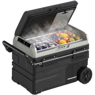 Outsunny Nevera Portátil Eléctrica 40L 12/24/240V Refrigerador de Coche con Compresor Pantalla LED Táctil Modos ECO y MAX hasta -20℃ Asa Retráctil Ruedas para Viajes Camping
