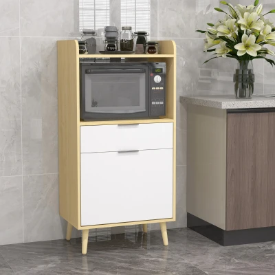 HOMCOM Mueble Microondas Estilo Escandinavo con Armario Cajón y Estante Ajustable 58x40x118 cm Natural y Blanco