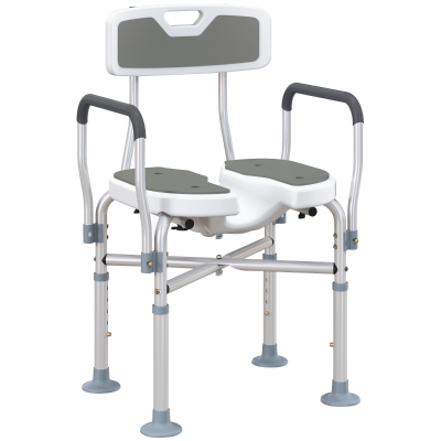 HOMCOM Silla de Ducha con Asiento Ranurado Altura Regulable Antideslizante Respaldo y Reposabrazos Carga 136 kg Gris