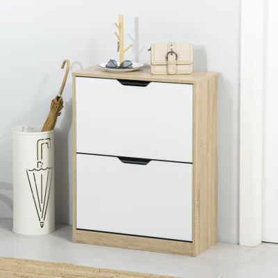 HOMCOM Armário para Sapatos Sapateira de Madeira com 2 Portas Abatíveis 4 Prateleiras de Armazenamento Capacidade 8 Pares de Sapatos para Entrada Corredor Dormitório 62,5x26x81cm Branco e Natural