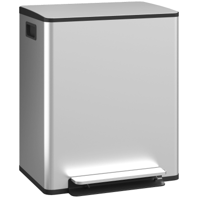 HOMCOM Küchenmülleimer 2 Kammern 2 x 25L, Edelstahl, Soft-Close-Deckel, 47,7x37,5x56cm, silber