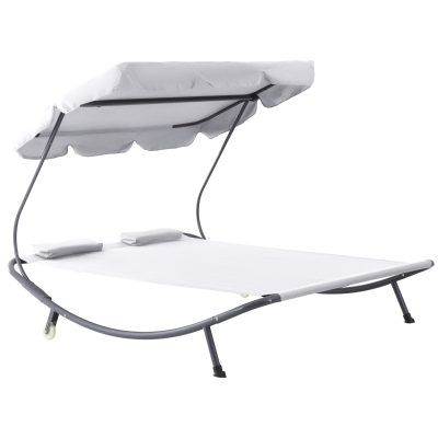 Outsunny Sonnenliege rollbar Campingliege mit Kopfkissen, Dach UV-beständig und wasserabweisend Gartenliege Liegestuhl bis 220kg belastbar für Balkon, Garten, Cremeweiß