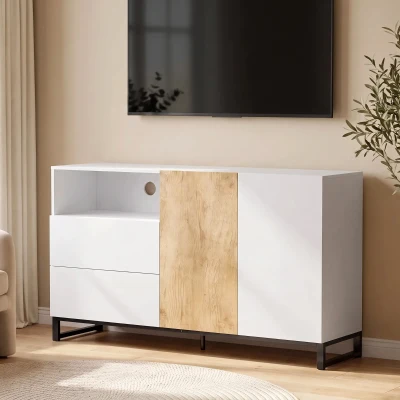 HOMCOM Buffet Rangement 2 Portes 2 Tiroirs Blanc Chêne Salon