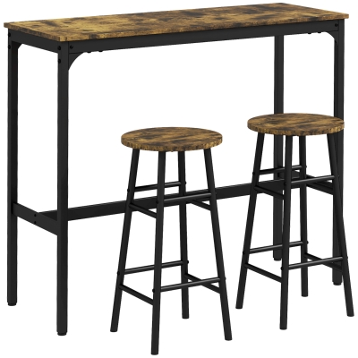 HOMCOM Conjunto Mesa Alta de Cocina con 2 Taburetes Marco de Acero Estilo Industrial Mesa Alta para Comedor Marrón Rústico