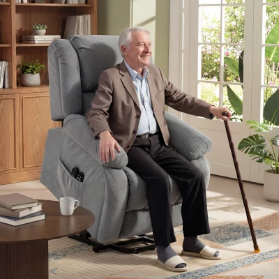 HOMCOM Elektrischer Aufstehsessel, neigbar 150°, breite Sitzfläche, massierend, beheizt, Samt, Hellgrau