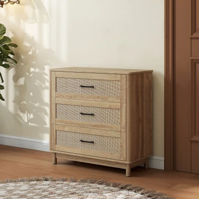 HOMCOM Comodă 3 Sertare din Ratan, Mobilier de Depozitare, Picioare din Lemn Masiv, Stil Boem, 76x35x76cm, Stejar
