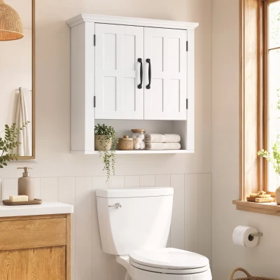 HOMCOM Armario de Pared para Baño con 2 Puertas y Estante Abierto para Aseo Dormitorio Ducha 60x19,8x58 cm Blanco