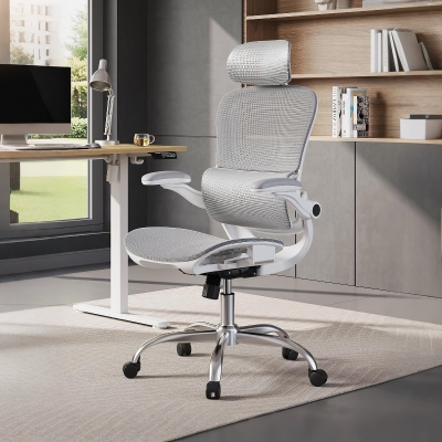 DEVAISE Ergonomic High Back Chair, Breathable Mesh Office Chair Featuring Dynamic Lumbar Support, Adjustable Headrest, 3D Armrests and 360° Swivel Function for Home Office, Grey