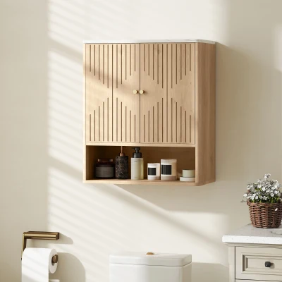 Dulap suspendat pentru baie cu uși decorate, stejar