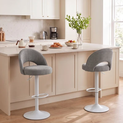 HOMCOM Set de 2 taburete de bar, scaune de bar reglabile pe înălțime, șezut căptușit din chenille, pivotant 360°, Gri