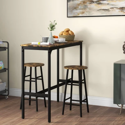 HOMCOM Conjunto Mesa Alta de Cocina con 2 Taburetes Marco de Acero Estilo Industrial Mesa Alta para Comedor Marrón Rústico