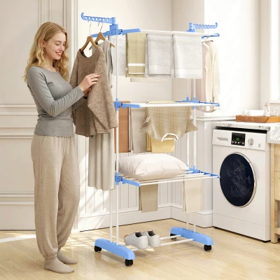 HOMCOM Séchoir à Linge Pliable Roulettes Bleu Argent