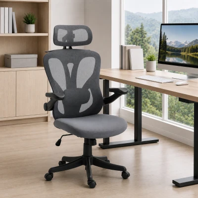 HOMCOM Silla de Oficina Ergonómica, Reposabrazos Abatibles 3D, Reposacabezas 2D, Perchero, en Malla, Gris Oscuro
