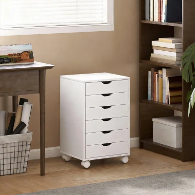 HOMCOM Meuble Bureau 6 Tiroirs avec Roues Frein Blanc 40x35x63 cm