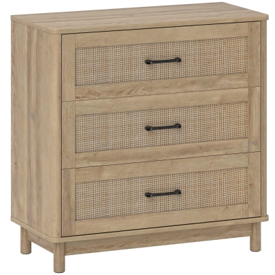 HOMCOM Cómoda 3 Gavetas em Vime Móvel de Armazenamento Cómoda Pés em Madeira Maciça Estilo Boémio 76x35x76 cm Carvalho