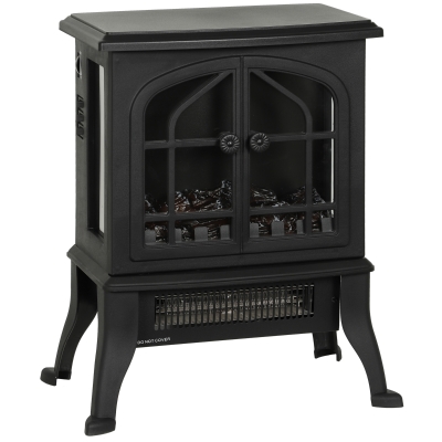 HOMCOM Șemineu Electric de Podea, Flacără 3D, Termostat 10-35°C, Plastic, Sticlă, 39x24x48 cm, Negru