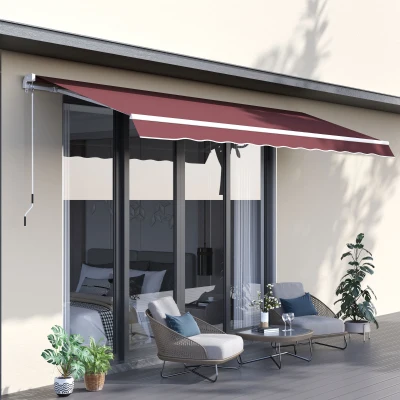 Outsunny Toldo Manual Retrátil 3,5x2,5 m com Ângulo Ajustável Manivela, Estrutura de Alumínio e Proteção UPF30+ Vinho Tinto