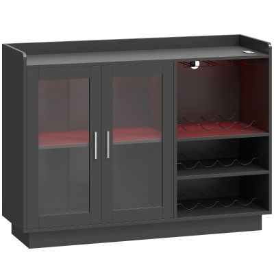 HOMCOM Bar mobil cu suport pentru sticle, lumină LED și raft reglabil, din lemn și sticlă, 120x38x88 cm, negru