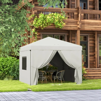 Outsunny Tenda Dobrável 3x3 m Tenda de Jardim com 4 Paredes Laterais 2 Janelas de Malha Altura Ajustável Impermeável e Anti-UV Branco