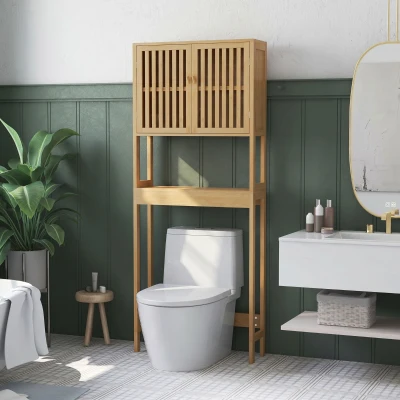 HOMCOM Estante para WC móvel de casa de banho acima do vaso WC com armário 2 portas e prateleira aberta bambu