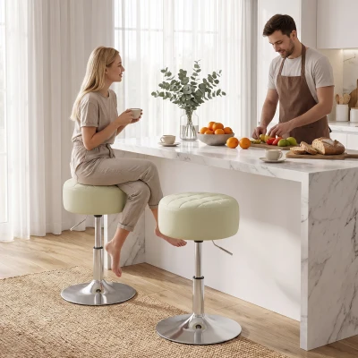 HOMCOM Taburete de Bar en Piel PU con Altura Ajustable, Asiento Acolchado Grueso, Giratorio a 360°, para Península, Blanco
