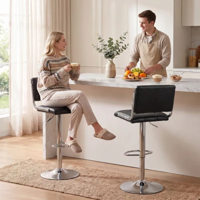 HOMCOM Set mit 2 Barhockern, höhenverstellbar, 360° drehbar, gepolsterter Sitz, Rückenlehne und Fußstütze, schwarz