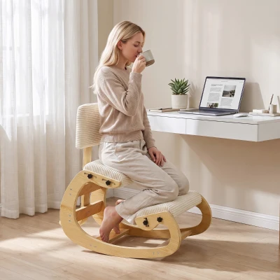 HOMCOM Scaun ergonomic pentru genunchi, scaun genunchi cu spătar, aspect cord, scaun de birou pentru acasă, birou, meditație, alb crem