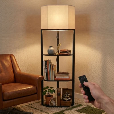 HOMCOM Corner Floor Lamp with Shelves Modern Dimmable Black