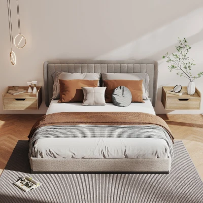 HOMCOM Wall-Mounted Bedside Tables with Drawer Natural Wood