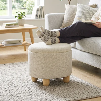 HOMCOM Hocker mit Stauraum, Runder Sitzhocker mit Deckel, Leinenoptik für Wohnzimmer, Schlafzimmer, 38,5x38,5x33,5 cm Beige