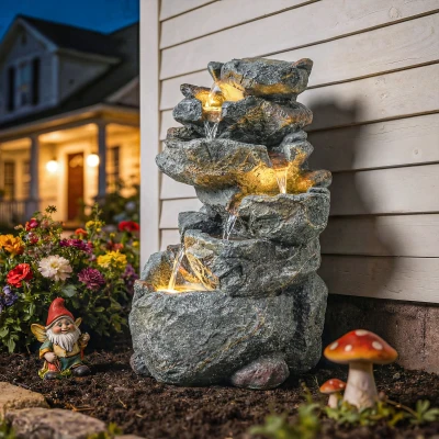 Outsunny Fontaine Roche 6 Niveaux LED Débit Réglable Gris
