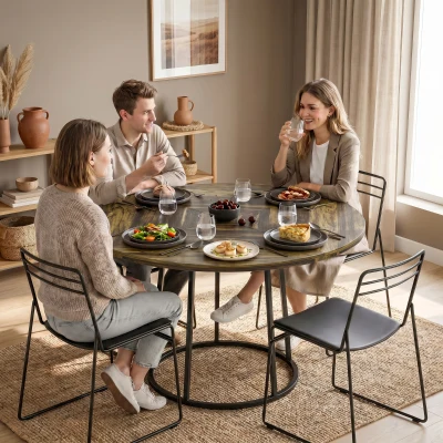 HOMCOM Dining Table Round 120cm Metal Base Rustic Brown