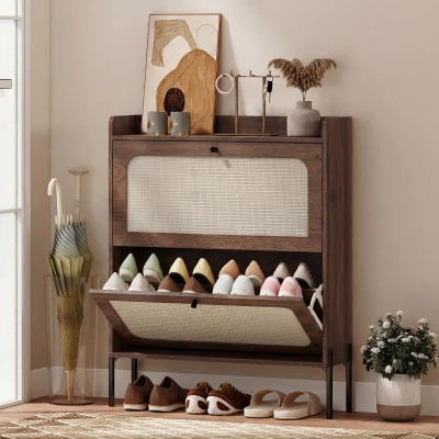 HOMCOM Boho Shoe Cabinet 2 Flip Drawers Dark Brown