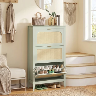 HOMCOM Slim Shoe Cabinet 3 Flip Drawers Boho 21 Pairs Light Green