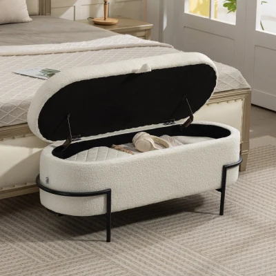 HOMCOM Tabouret Rangement Rembourré Blanc Crème Pieds Acier