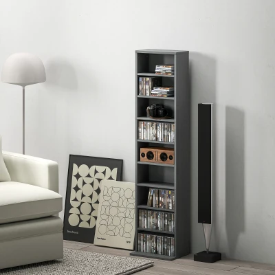 HOMCOM Meuble CD/DVD 9 Compartiments 6 Étagères Réglables Gris