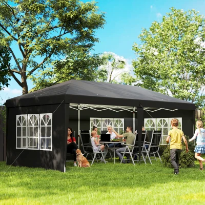 Outsunny Pavillon ca. 3x6m Wasserdicht Pop-up Faltpavillon mit 4 Seitenwänden, Fenster UV-Schutz Tragetasche Schwarz