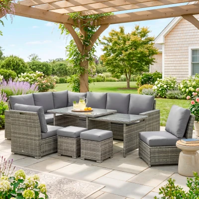 Outsunny Rattan Garden Sofa Set with Expanding Table - Grey