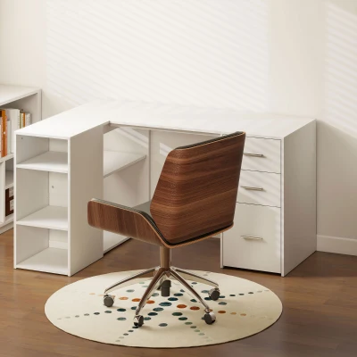HOMCOM Escritorio Esquinero en L con 3 Cajones 5 Compartimentos Abiertos y Estantes Regulables 140x100x75 cm Blanco