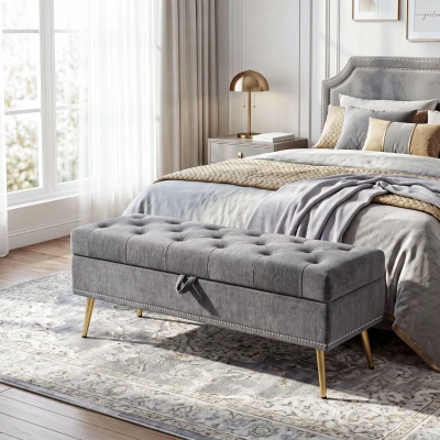 HOMCOM Chenille Storage Ottoman Metal Legs 114x41x45cm Grey