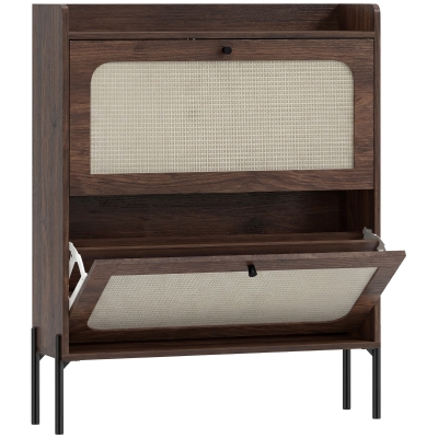 HOMCOM Boho Shoe Cabinet 2 Flip Drawers Dark Brown