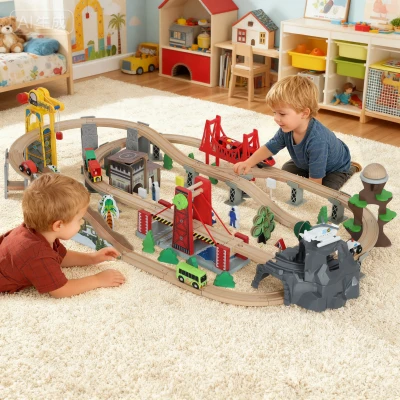 AIYAPLAY Wooden Train Set 100-Piece with Track & Crane