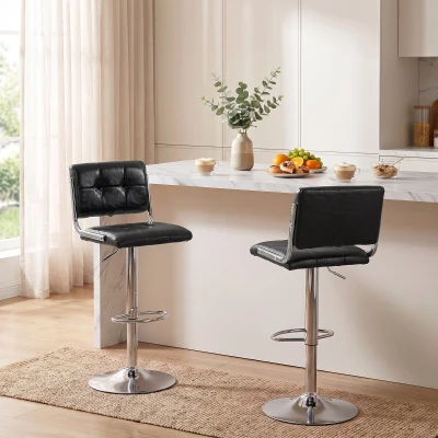 HOMCOM Set de 2 scaune de bar, înălţime reglabilă, rotativ 360°, şezut captuşit, spătar şi suport pentru picioare, negru