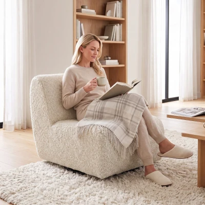HOMCOM Drehbarer Wohnzimmer-Sessel 360°, gepolsterter Einzelsessel aus Chenille mit extra breiter Sitzfläche, dicker Polsterung, beige