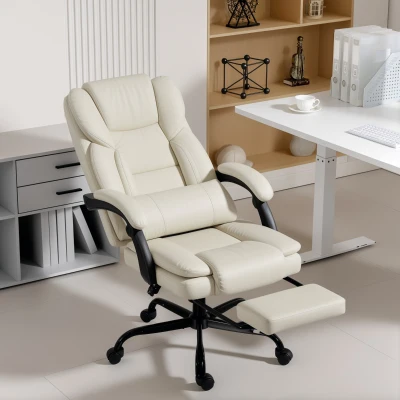 HOMCOM Fauteuil Bureau Similicuir Beige Réglable avec Repose-pieds
